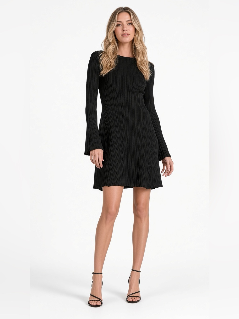 Elan Black Ribbed Knit Long-Sleeve Mini A-Line Dress XL NWT